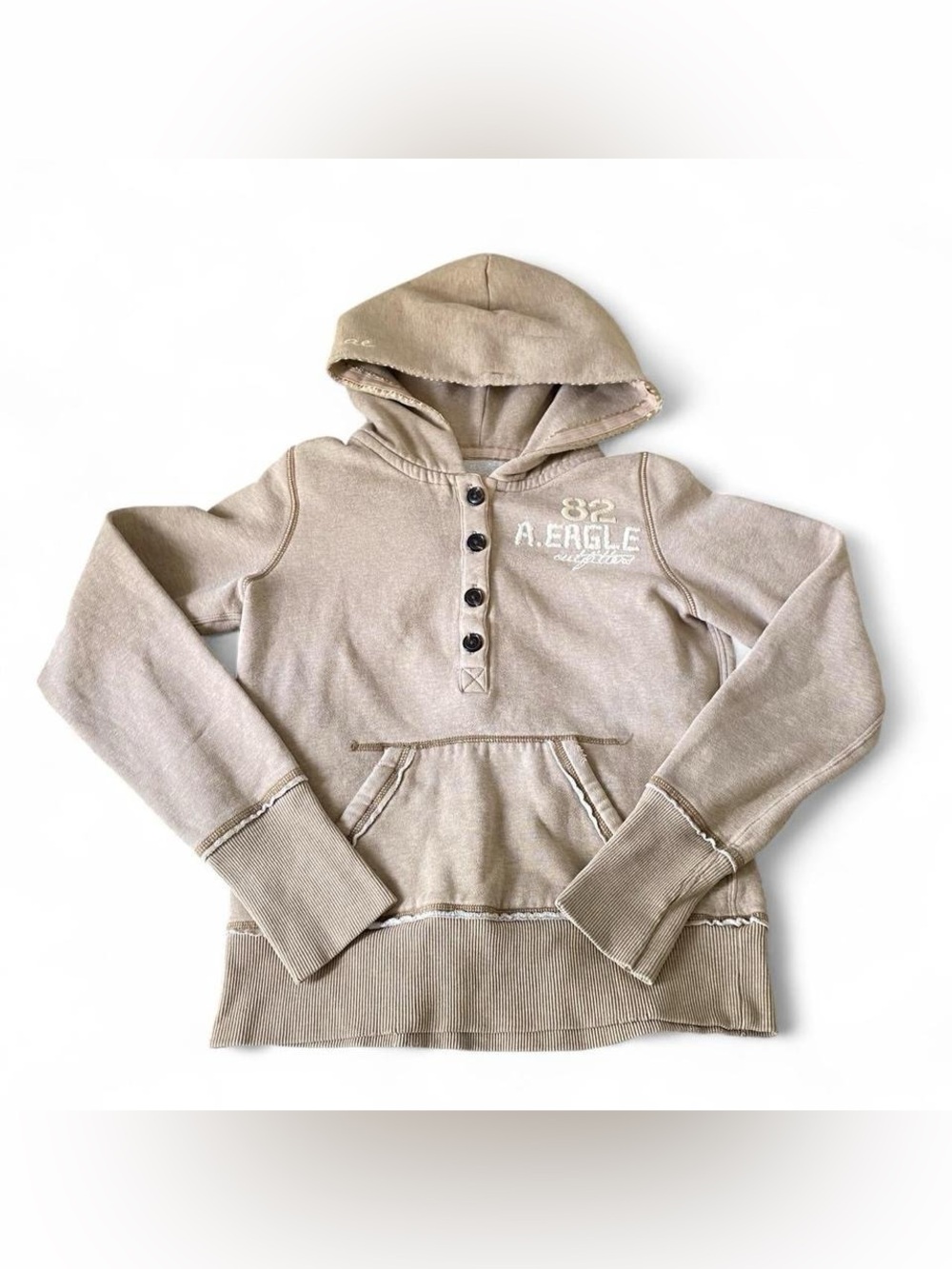 Y2K American Eagle Outfitters tan & cream Henley hoodie with stitching outlines